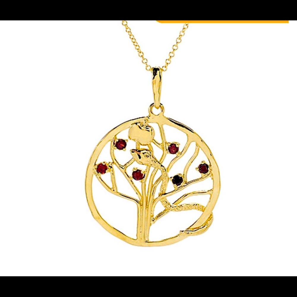 14K Yellow Gold Garnet Snake & Apple Tree Pendant